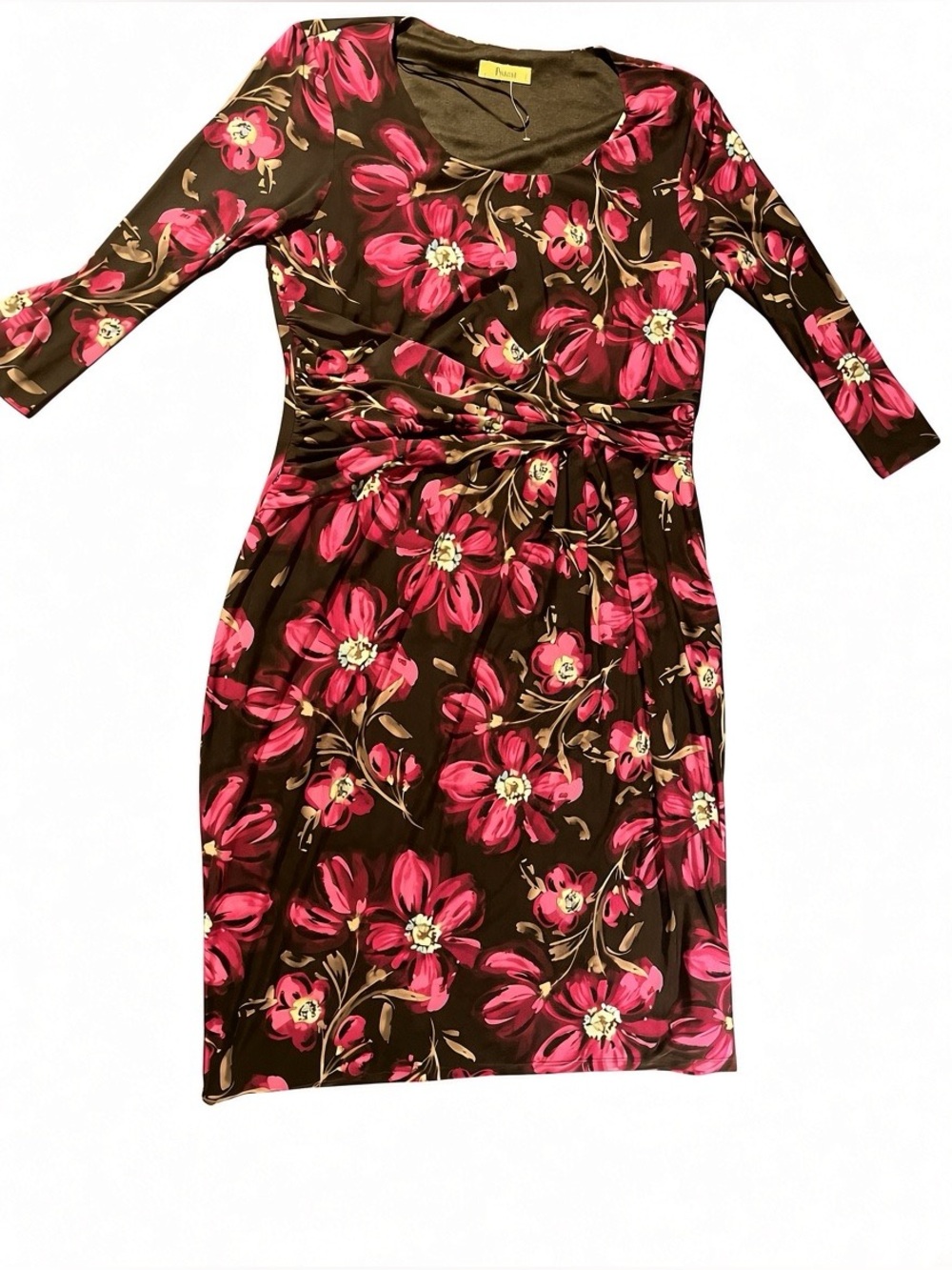Twist-Front Floral Midi Dress Size 12 Womens Pink/Black Quarter Sleeve